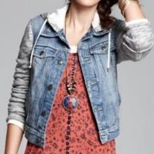 Free People Distressed Denim Jacket With Knit Sleeves & Hood
